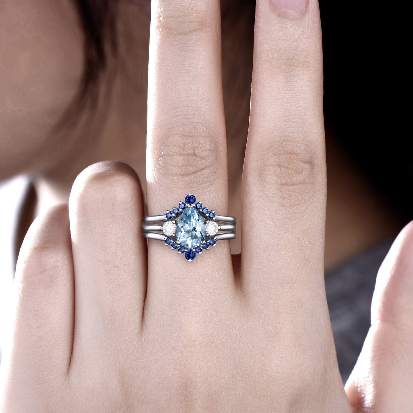 Pear shaped aquamarine engagement ring set three stone moissanite sapphire ring women white gold unique bridal wedding ring set jewelry