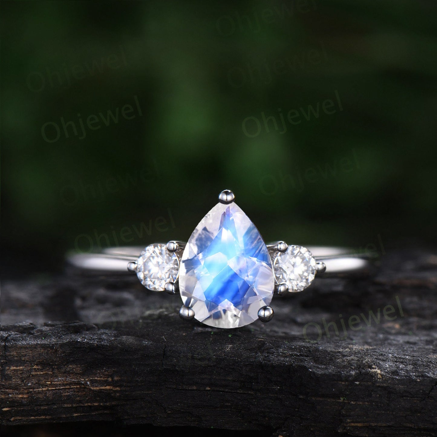 Vintage Pear shaped moonstone engagement ring 14k white gold three stone moissanite ring women sapphire wedding ring set blue gemstone gift
