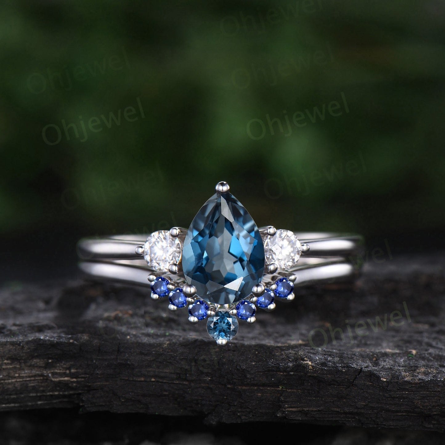 Vintage Pear London blue topaz engagement ring 14k white gold three stone moissanite ring women sapphire bridal promise wedding ring set