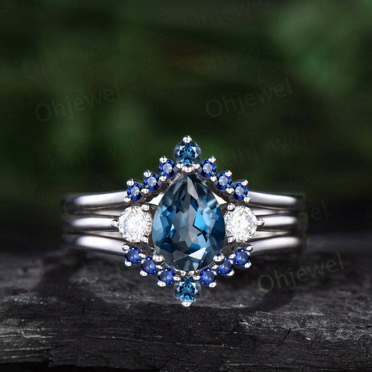 Vintage Pear London blue topaz engagement ring 14k white gold three stone moissanite ring women sapphire bridal promise wedding ring set