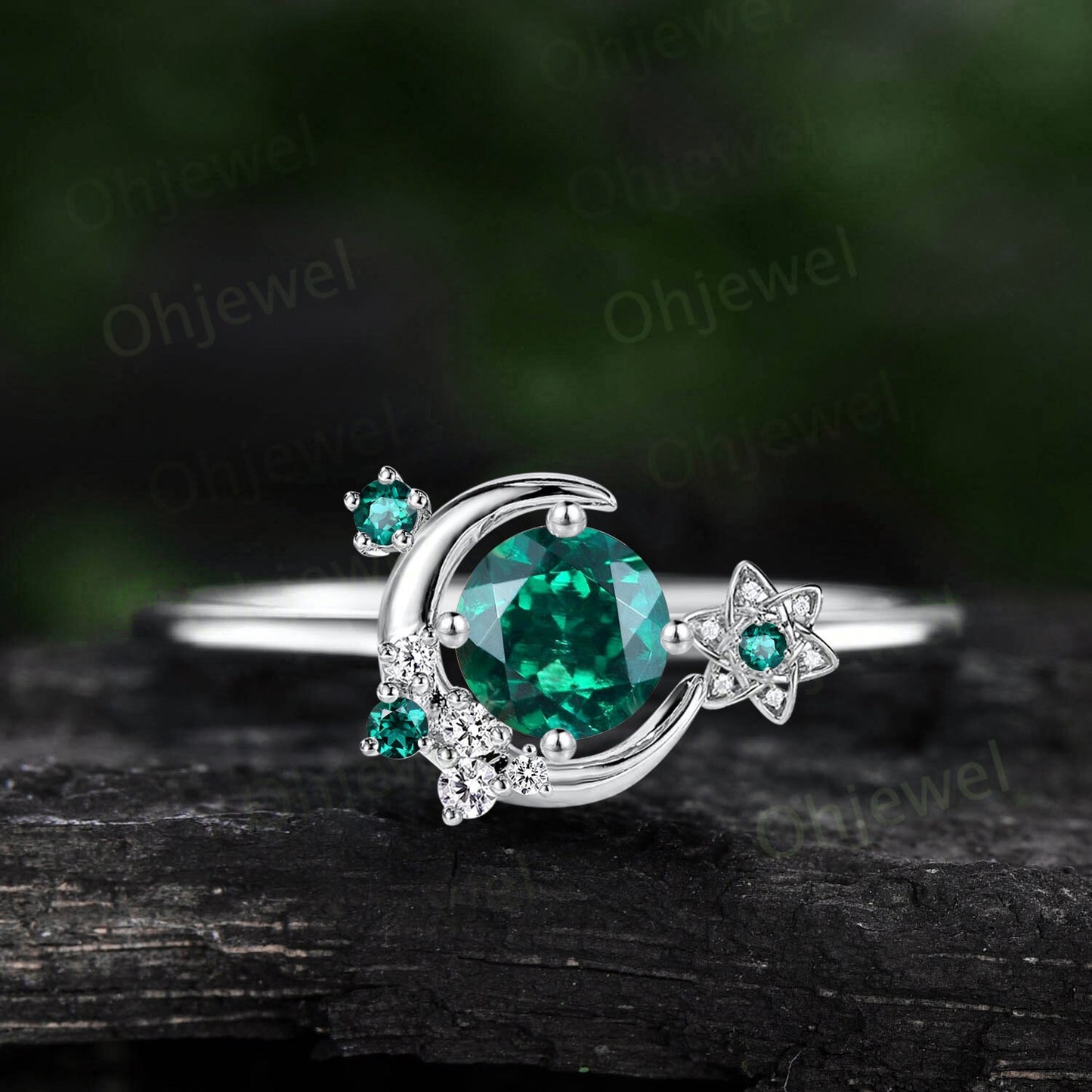 Vintage round green emerald engagement ring solid 14k rose gold cluster moon star diamond ring women flower dainty anniversary ring gift