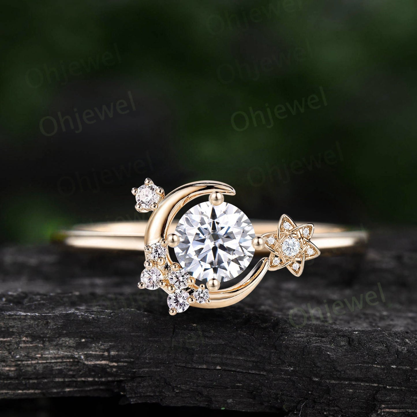Vintage round cut moissanite engagement ring solid 14k rose gold cluster moon star diamond ring women flower dainty anniversary ring gift