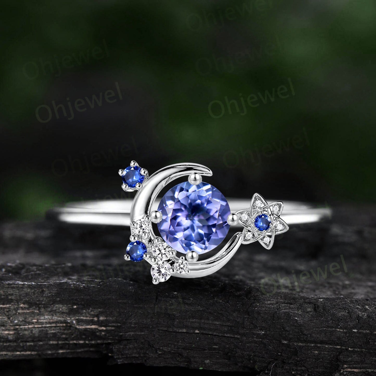 Vintage round Tanzanite engagement ring solid 14k rose gold cluster moon star sapphire ring women flower dainty unique wedding promise ring