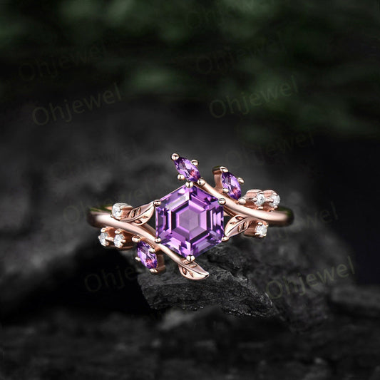 Vintage Hexagon cut amethyst engagement ring rose gold silver cluster diamond ring leaf nature inspired unique bridal wedding ring women