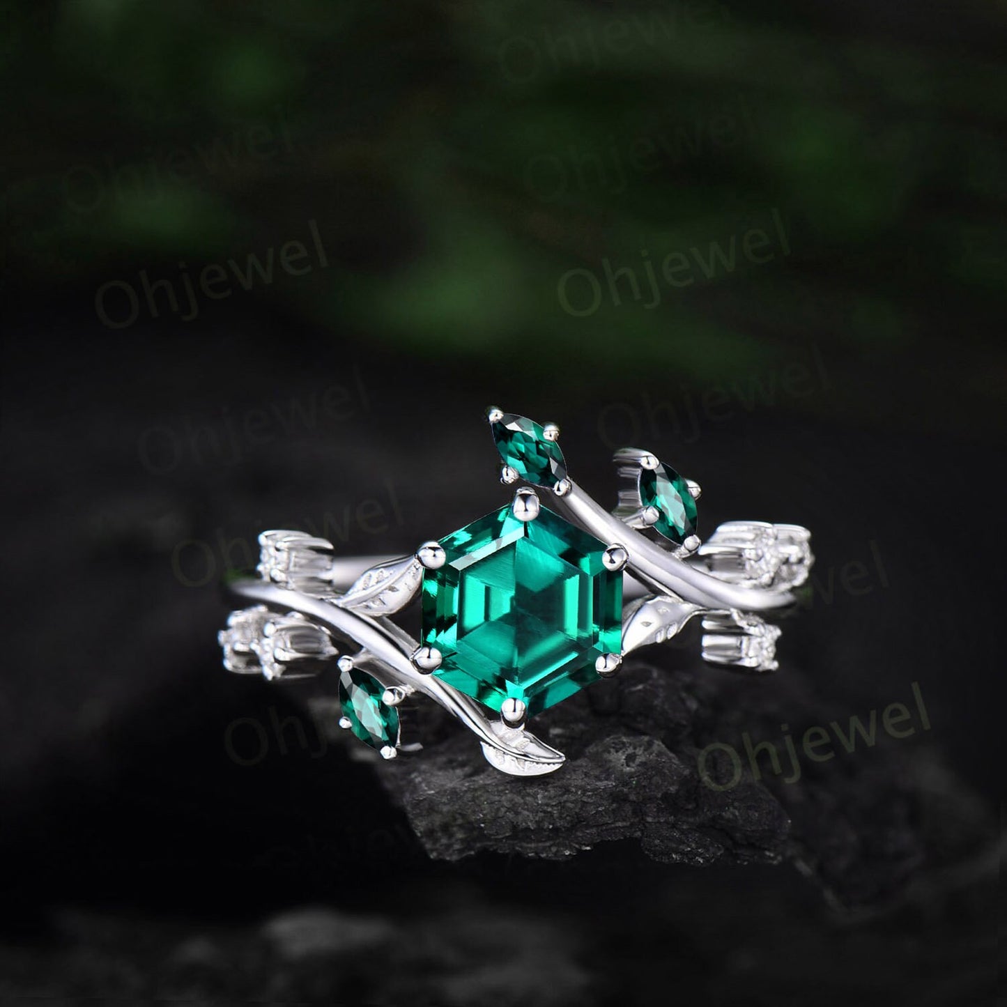 Vintage Hexagon green emerald engagement ring rose gold silver cluster diamond ring leaf nature inspired unique bridal wedding ring women