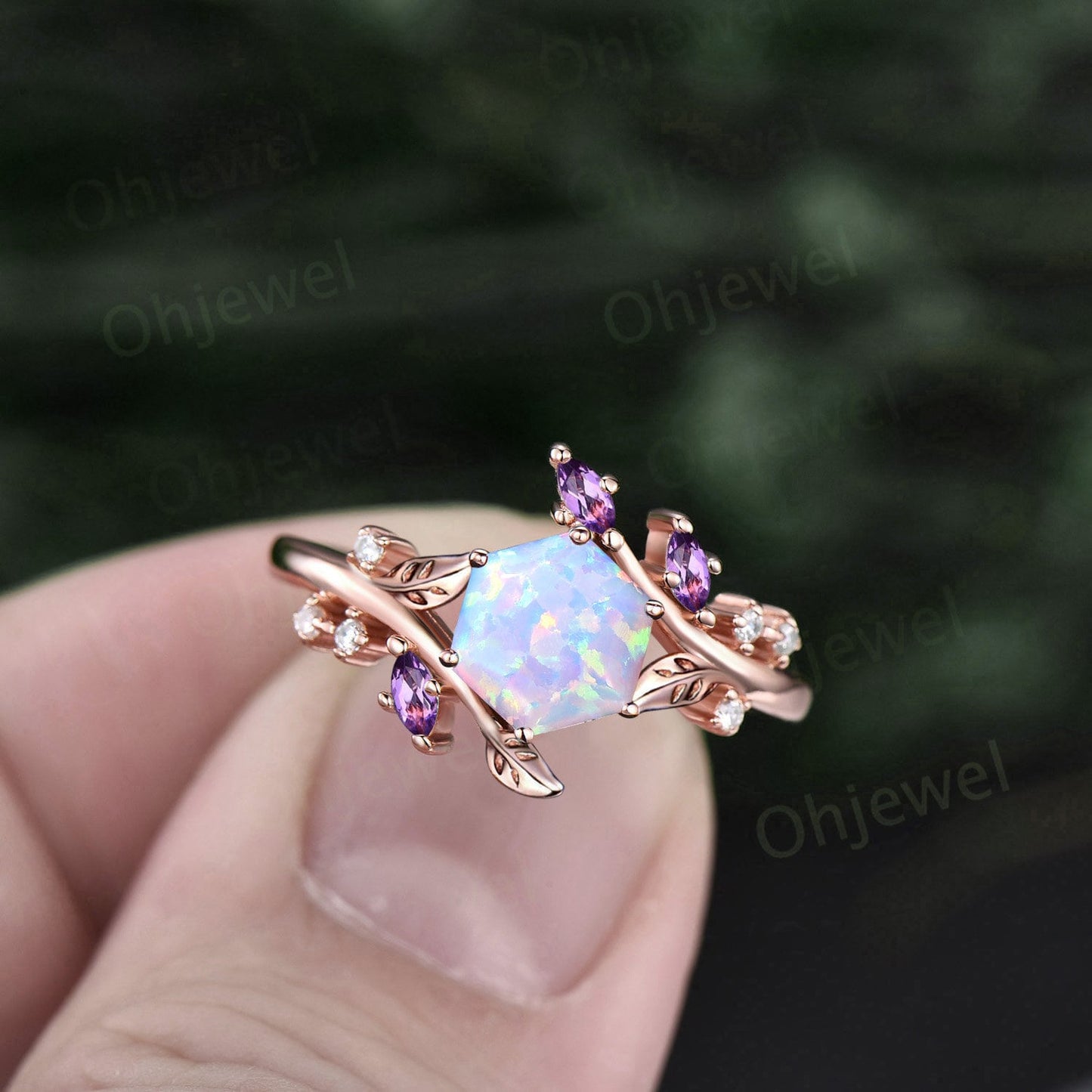 Hexagon white opal ring rose gold art deco amethyst ring leaf unique diamond ring 14k rose gold nature inspired engagement ring women gift
