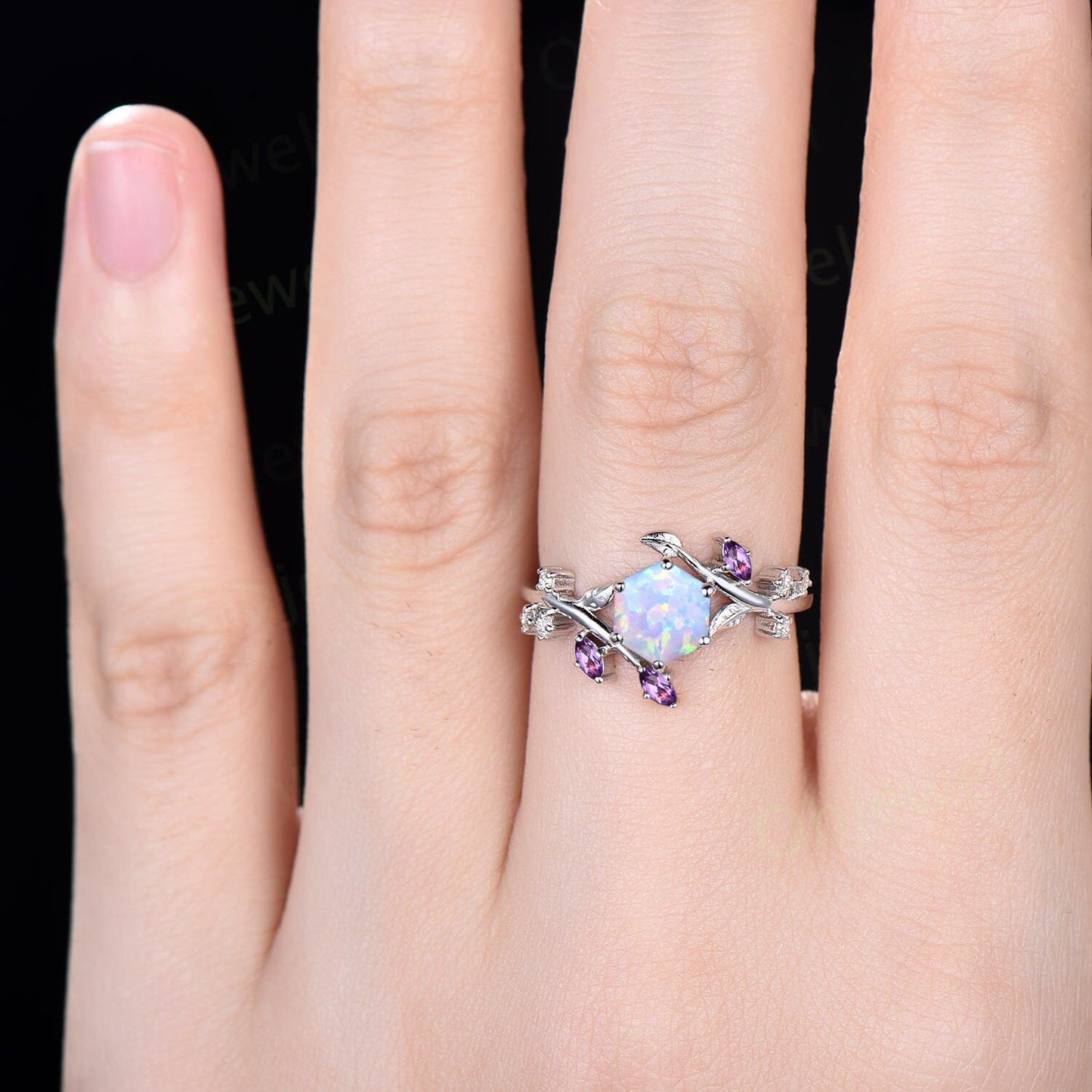 Hexagon white opal ring rose gold art deco amethyst ring leaf unique diamond ring 14k rose gold nature inspired engagement ring women gift