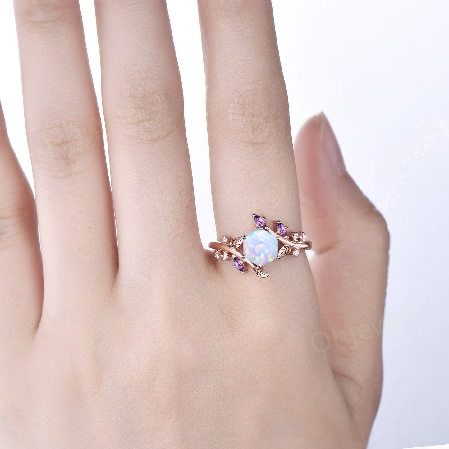 Hexagon white opal ring rose gold art deco amethyst ring leaf unique diamond ring 14k rose gold nature inspired engagement ring women gift