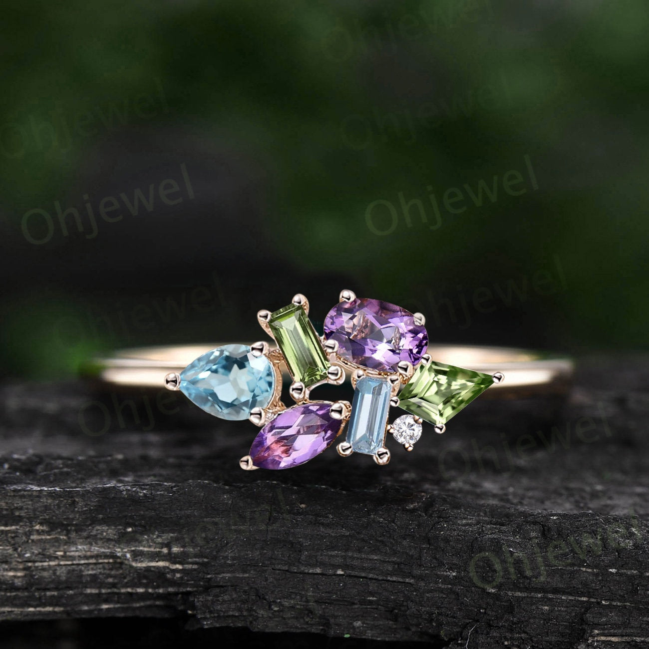 Cluster oval amethyst ring Personalized kite peridot ring rose gold pear baguette blue topaz ring women dainty unique wedding ring band gift