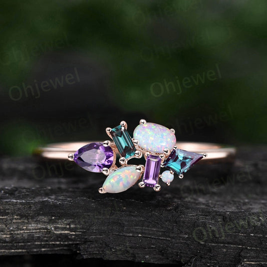 Cluster oval opal ring Personalized kite alexandrite ring rose gold pear baguette amethyst ring women dainty unique wedding ring band gift