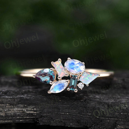 Cluster oval moonstone ring vintage baguette kite opal ring yellow gold pear alexandrite ring women gemstone bridal anniversary ring gift