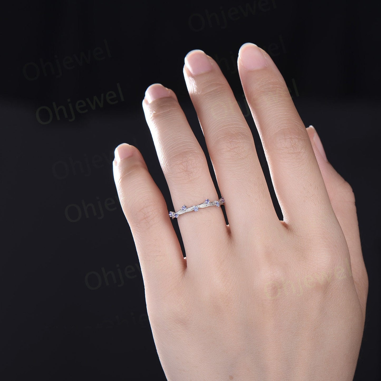 Natural Tanzanite ring vintage half eternity nature inspired leaf wedding band solid 14k white gold anniversary ring gift gemstone women