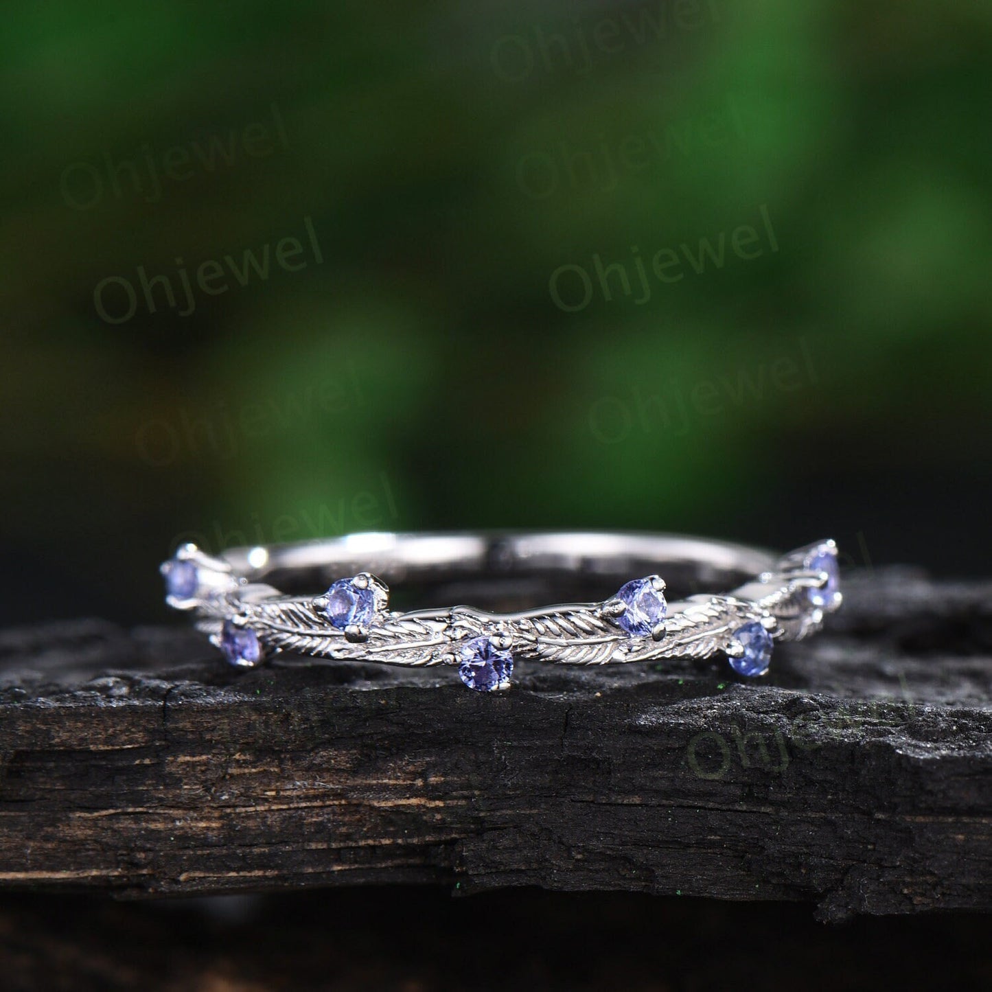 Natural Tanzanite ring vintage half eternity nature inspired leaf wedding band solid 14k white gold anniversary ring gift gemstone women