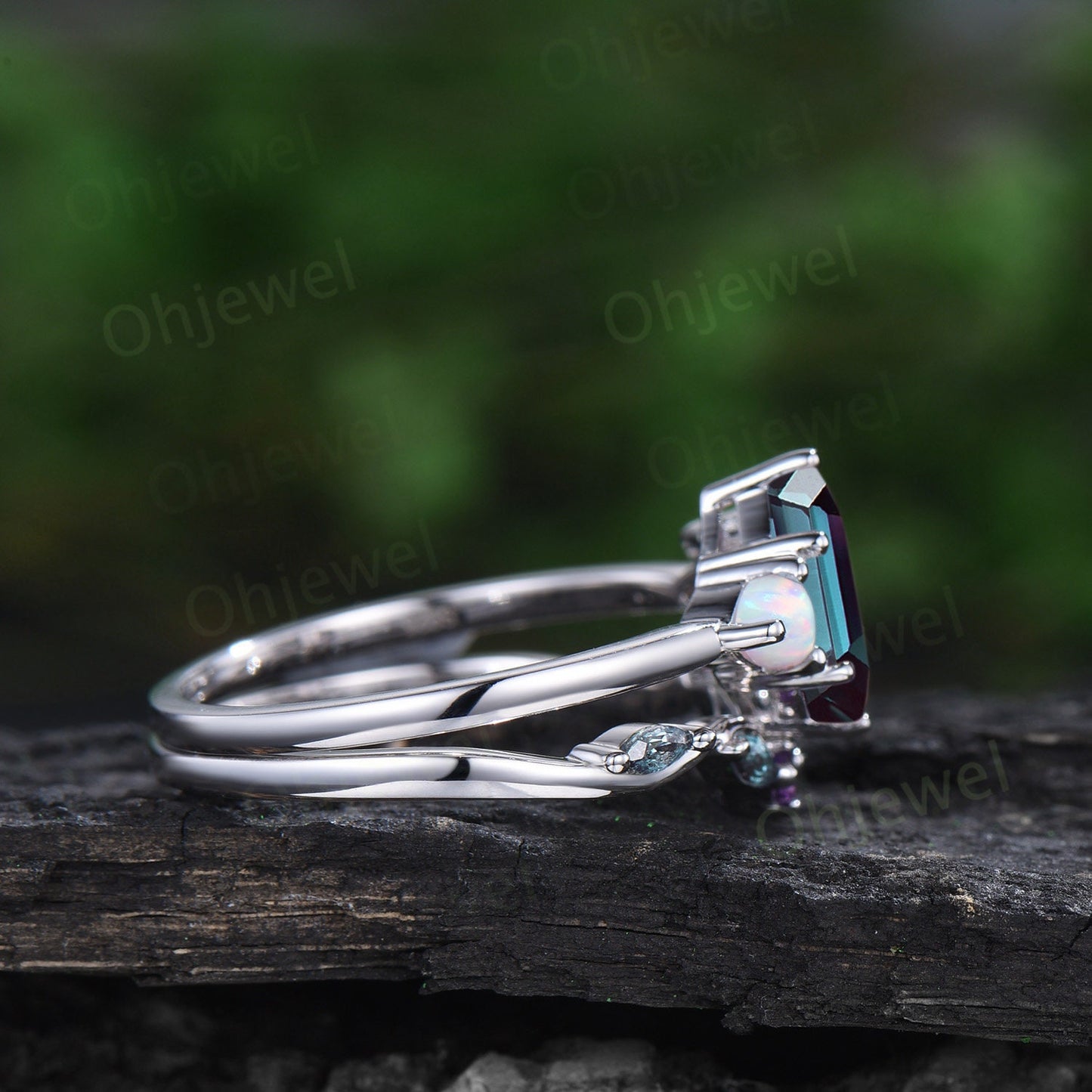 Vintage Long hexagon alexandrite engagement ring opal amethyst ring 14k white gold cluster moissanite anniversary wedding bridal set women