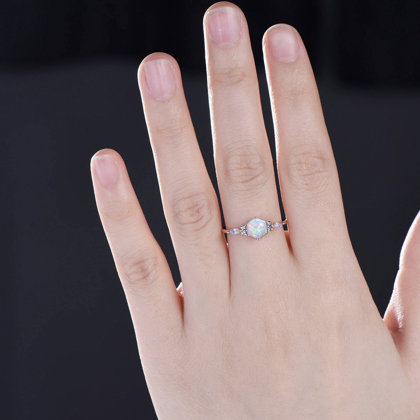 Vintage hexagon cut white opal engagement ring 14k rose gold marquise moonstone ring women dainty alexandrite bridal anniversary ring gift