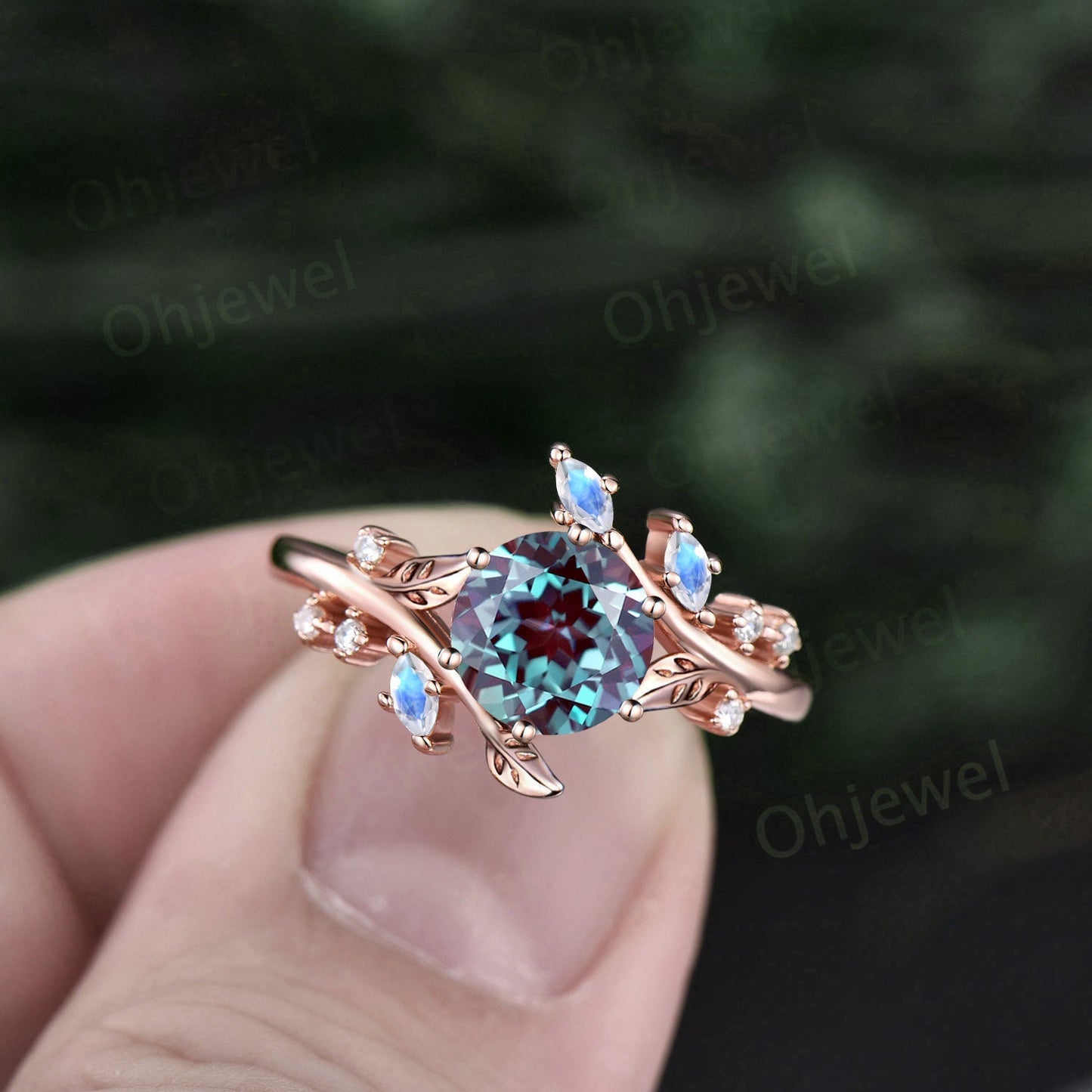Vintage round Alexandrite engagement ring art deco leaf moonstone ring women rose gold nature inspired moissanite promise wedding ring gift