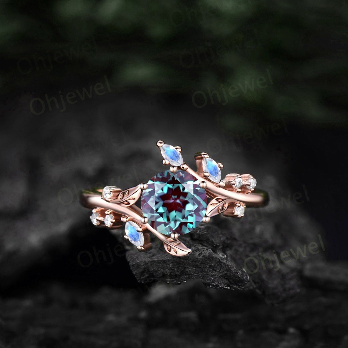 Vintage round Alexandrite engagement ring art deco leaf moonstone ring women rose gold nature inspired moissanite promise wedding ring gift