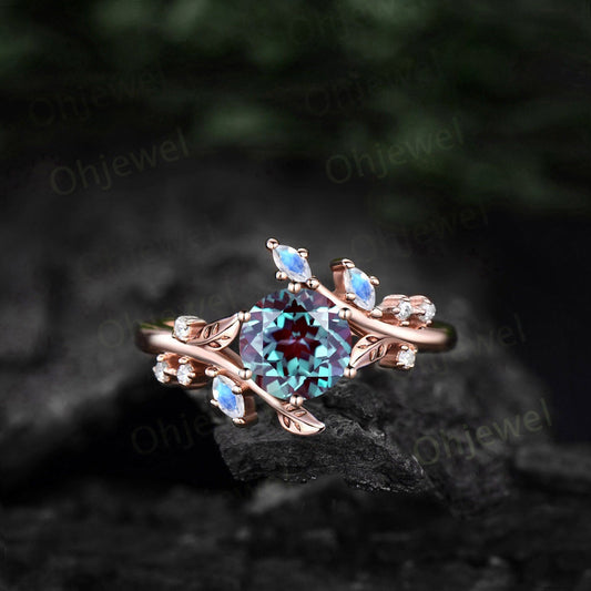 Vintage round Alexandrite engagement ring art deco leaf moonstone ring women rose gold nature inspired moissanite promise wedding ring gift