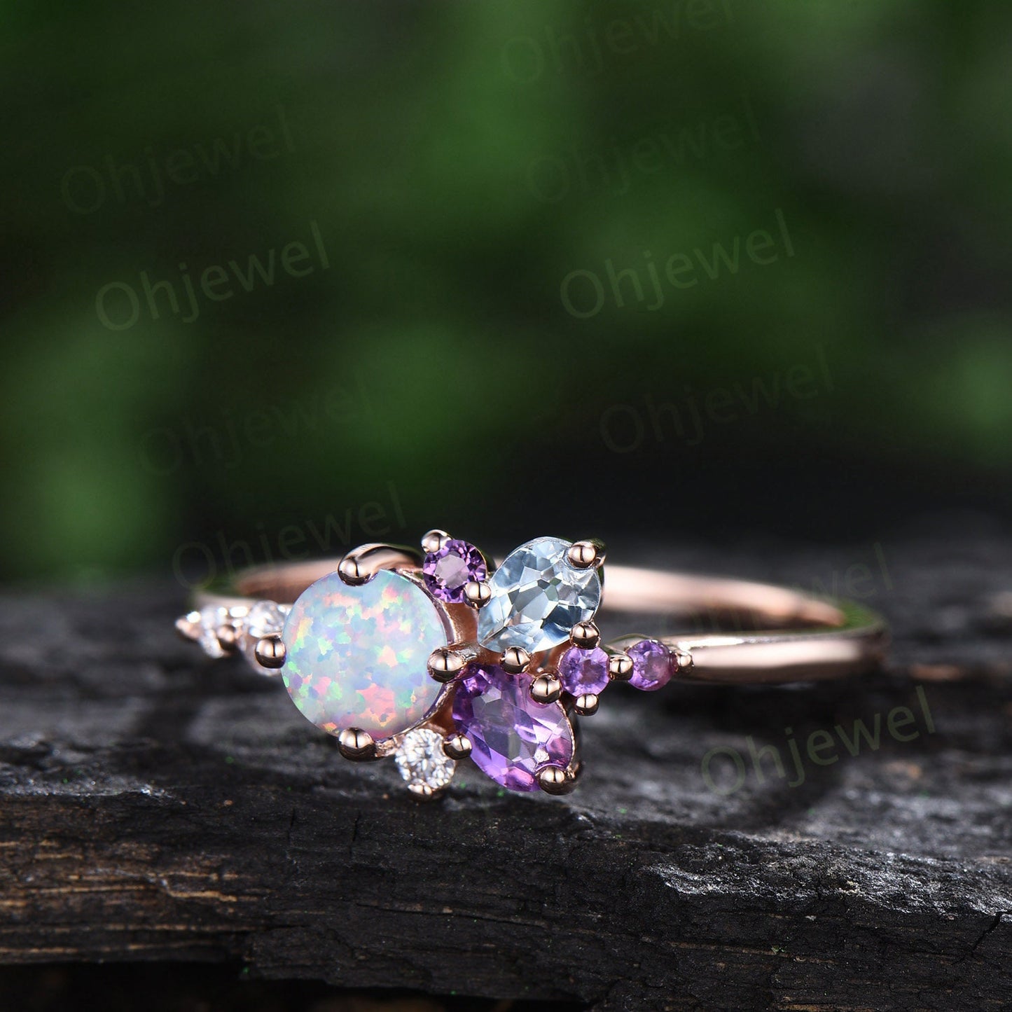 Round opal ring Personalized cluster amethyst ring vintage pear aquamarine ring dainty multi stone ring unique engagement ring women gift