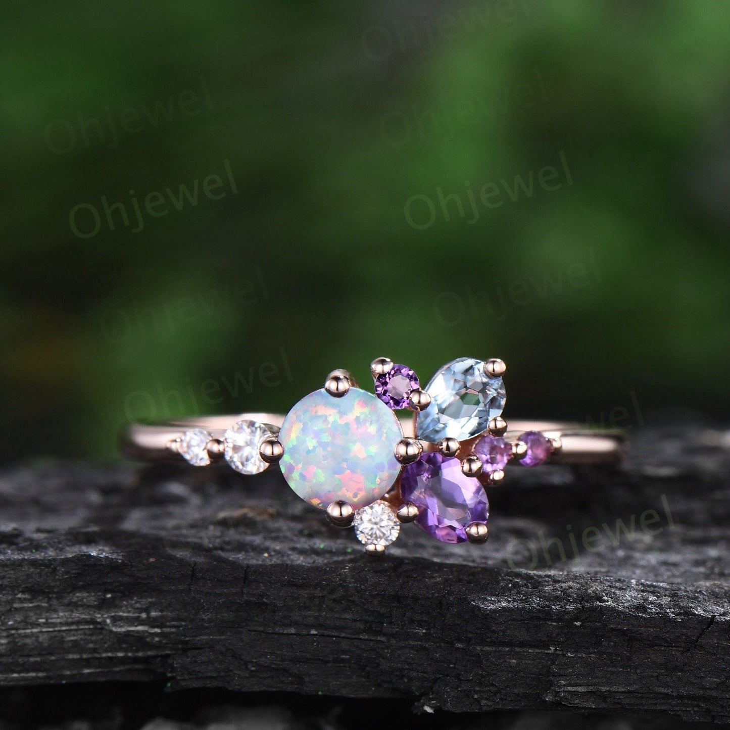 Round opal ring Personalized cluster amethyst ring vintage pear aquamarine ring dainty multi stone ring unique engagement ring women gift