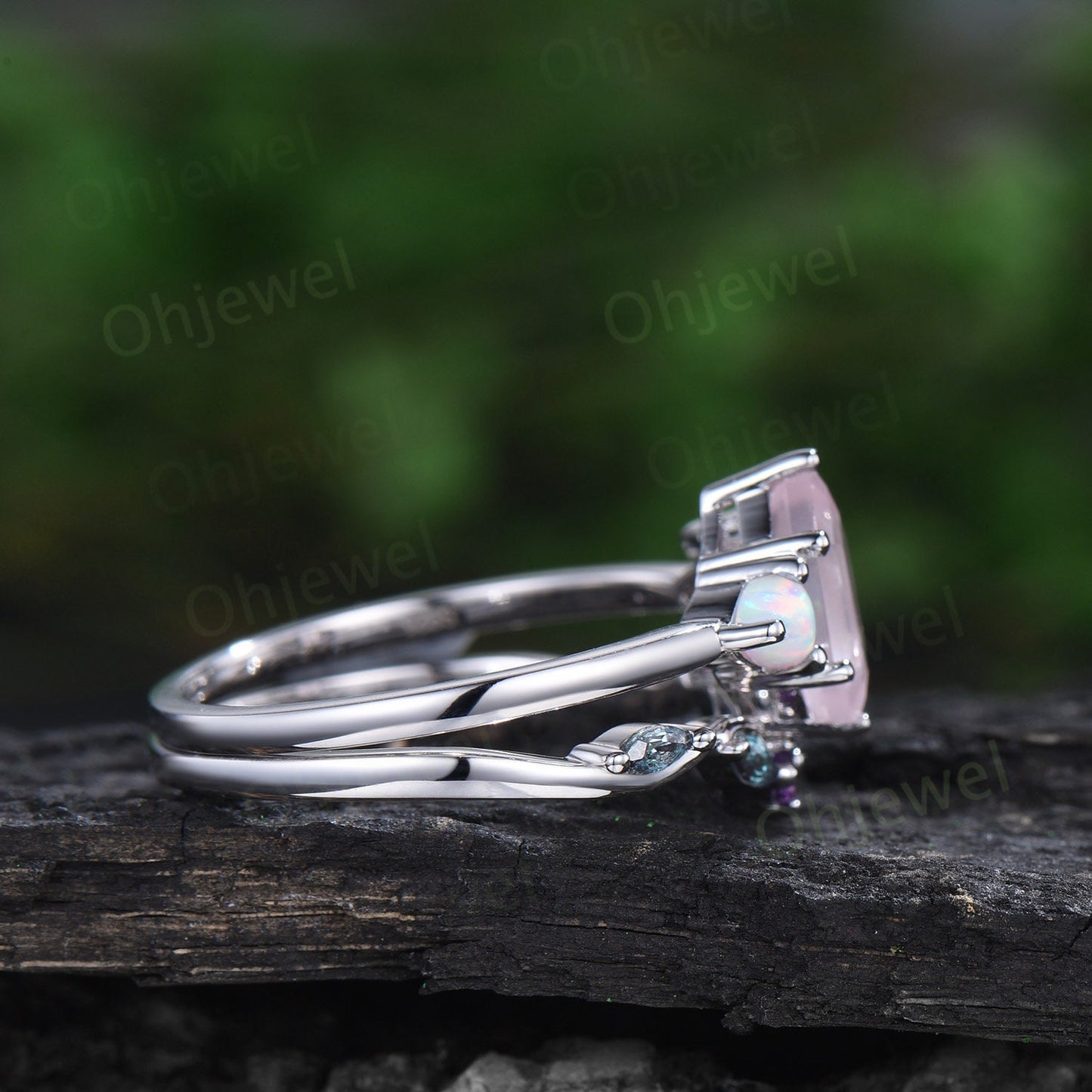 Long hexagon amethyst engagement ring women Trillion opal moissanite ring alexandrite wedding band unique wedding bridal ring set white gold