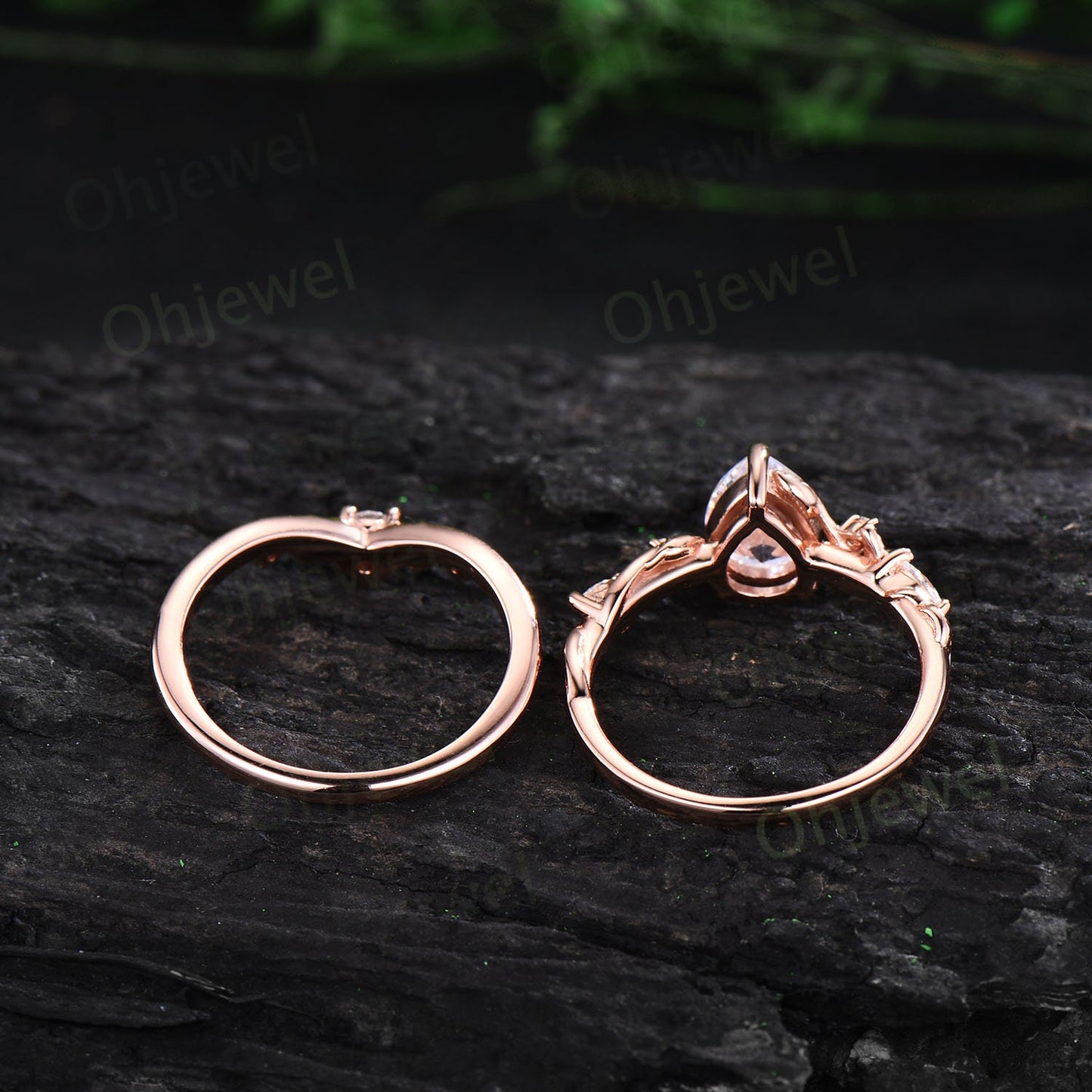 Twig pear shaped black rutilated quartz engagement ring vintage branch leaf rose gold nature inspired diamond bridal wedding ring set women