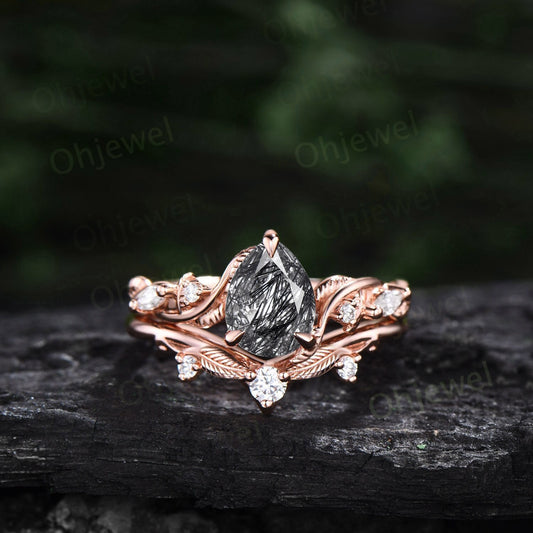 Twig pear shaped black rutilated quartz engagement ring vintage branch leaf rose gold nature inspired diamond bridal wedding ring set women