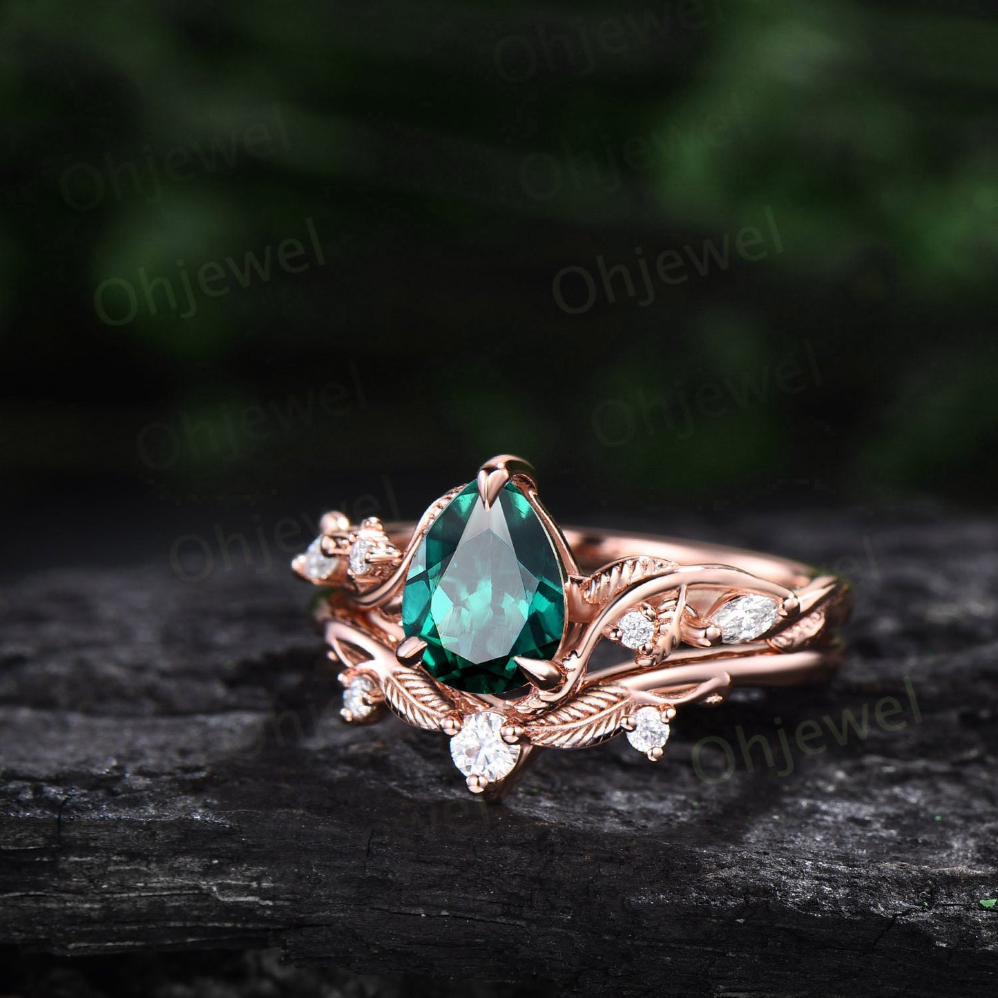 Vintage pear emerald engagement ring leaf ring set rose gold nature inspired five stone diamond ring women art deco twisted bridal set gift