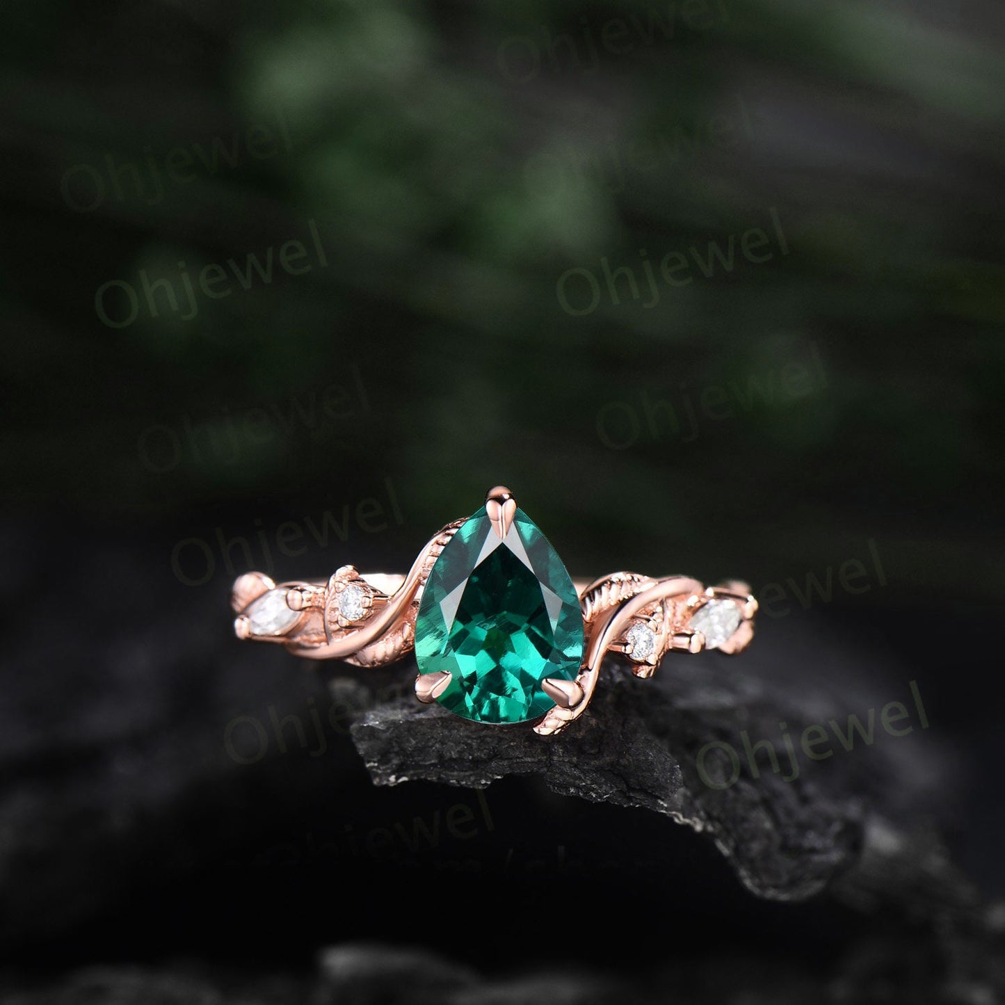Vintage pear emerald engagement ring leaf ring set rose gold nature inspired five stone diamond ring women art deco twisted bridal set gift