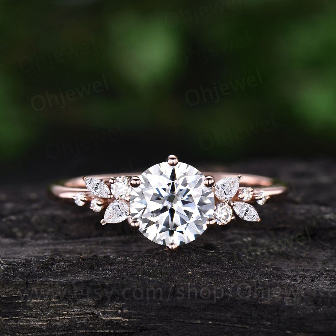 Vintage round cut moissanite engagement ring solid rose gold prong cluster snowdrift diamond ring unique bridal promise wedding ring women