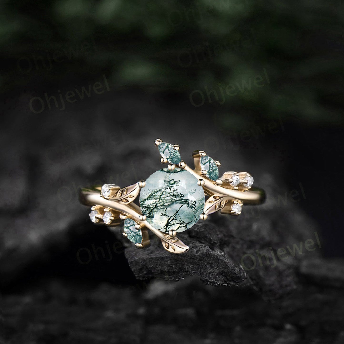 Round moss agate engagement ring rose gold leaf nature inspired cluster diamond ring handmade unique anniversary wedding promise ring women