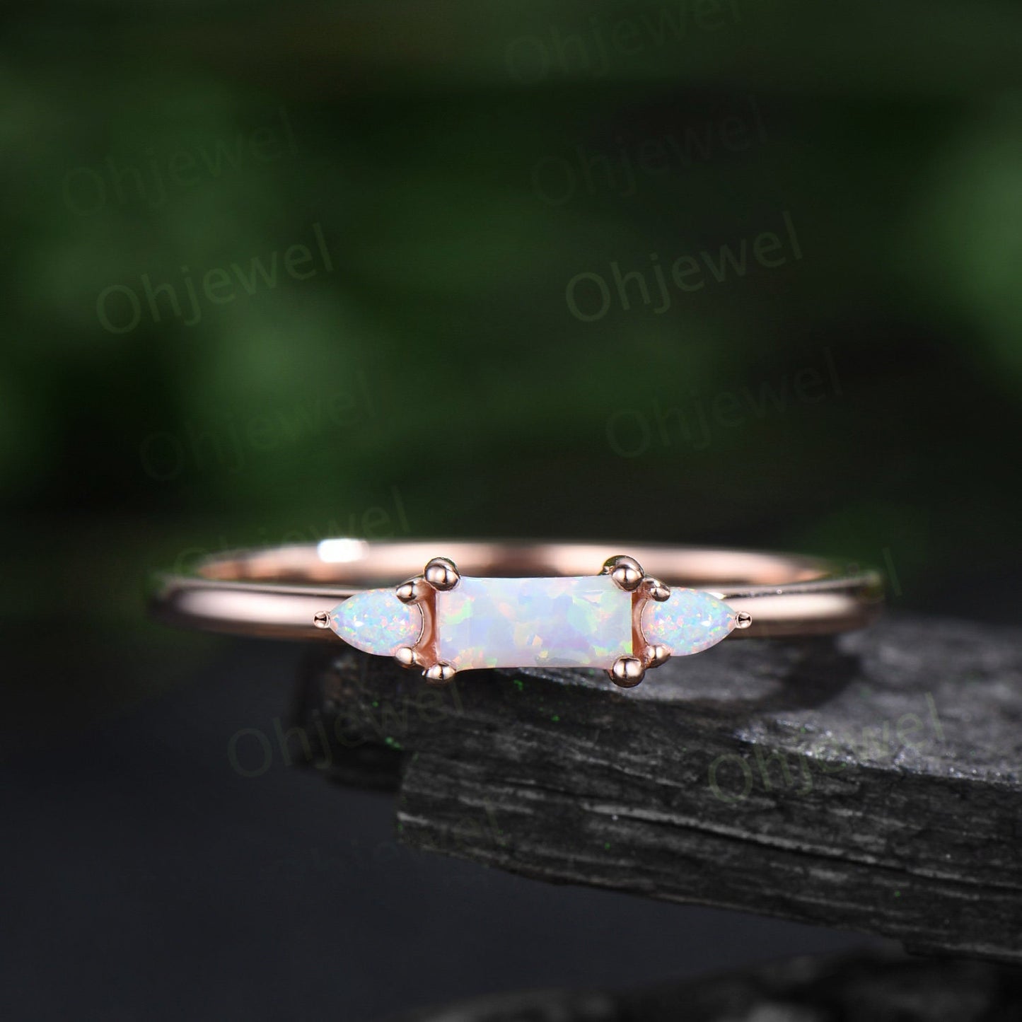 Dainty Baguette cut white opal ring vintage three stone pear amethyst ring 14k rose gold unique engagement ring women anniversary ring gift