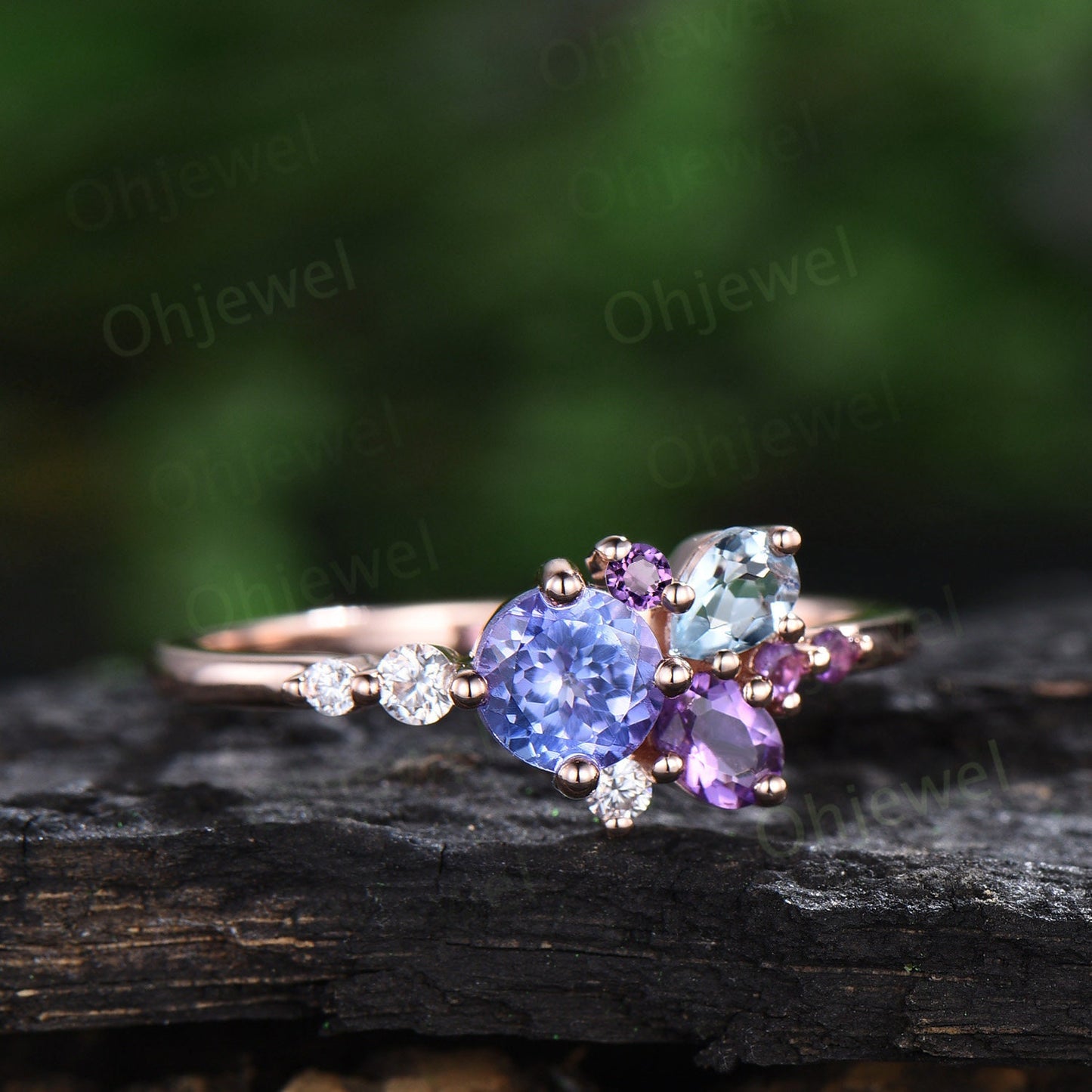 Round Tanzanite ring Personalized cluster amethyst ring vintage pear aquamarine ring dainty multi stone ring unique engagement ring women