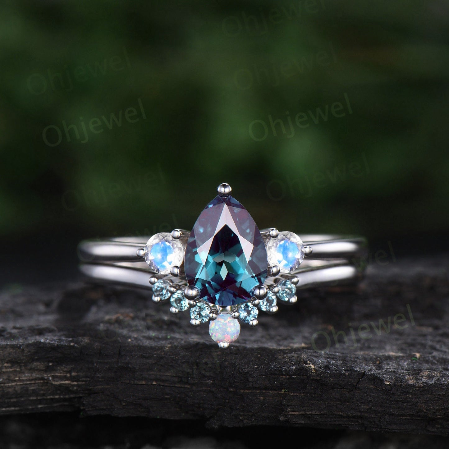 Pear shaped alexandrite engagement ring set three stone moonstone opal ring women white gold unique bridal promise ring set gemstone gift