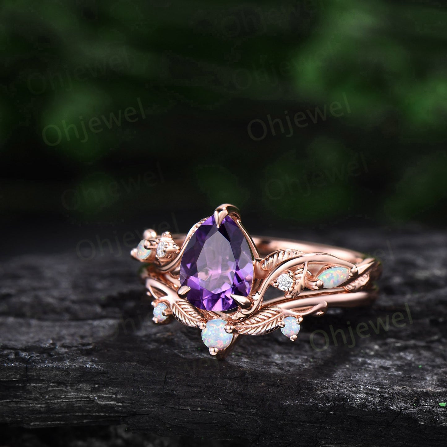 Vintage pear shaped amethyst engagement ring leaf opal ring set nature inspired branch moissanite promise wedding bridal ring set women