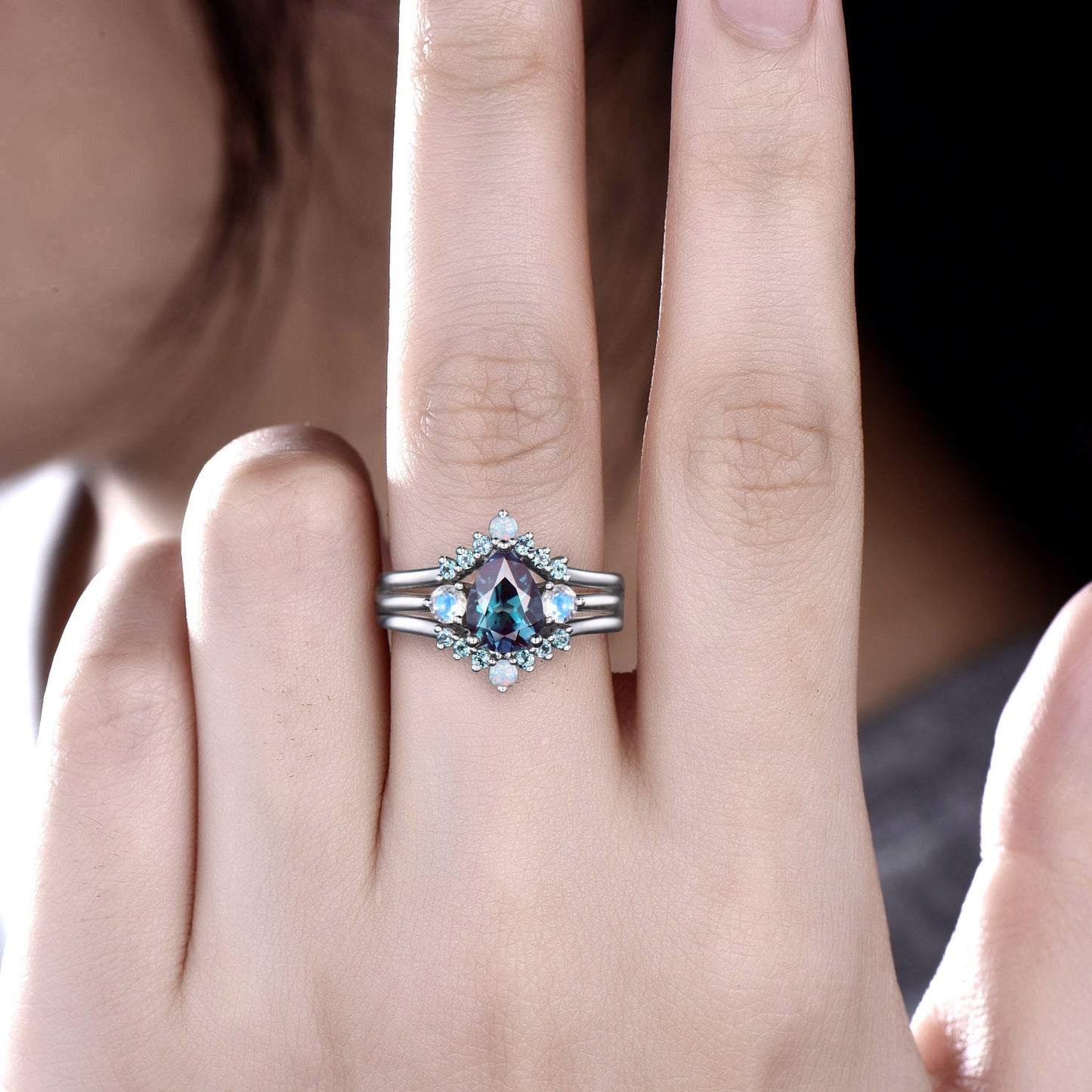 Pear shaped alexandrite engagement ring set three stone moonstone opal ring women white gold unique bridal promise ring set gemstone gift