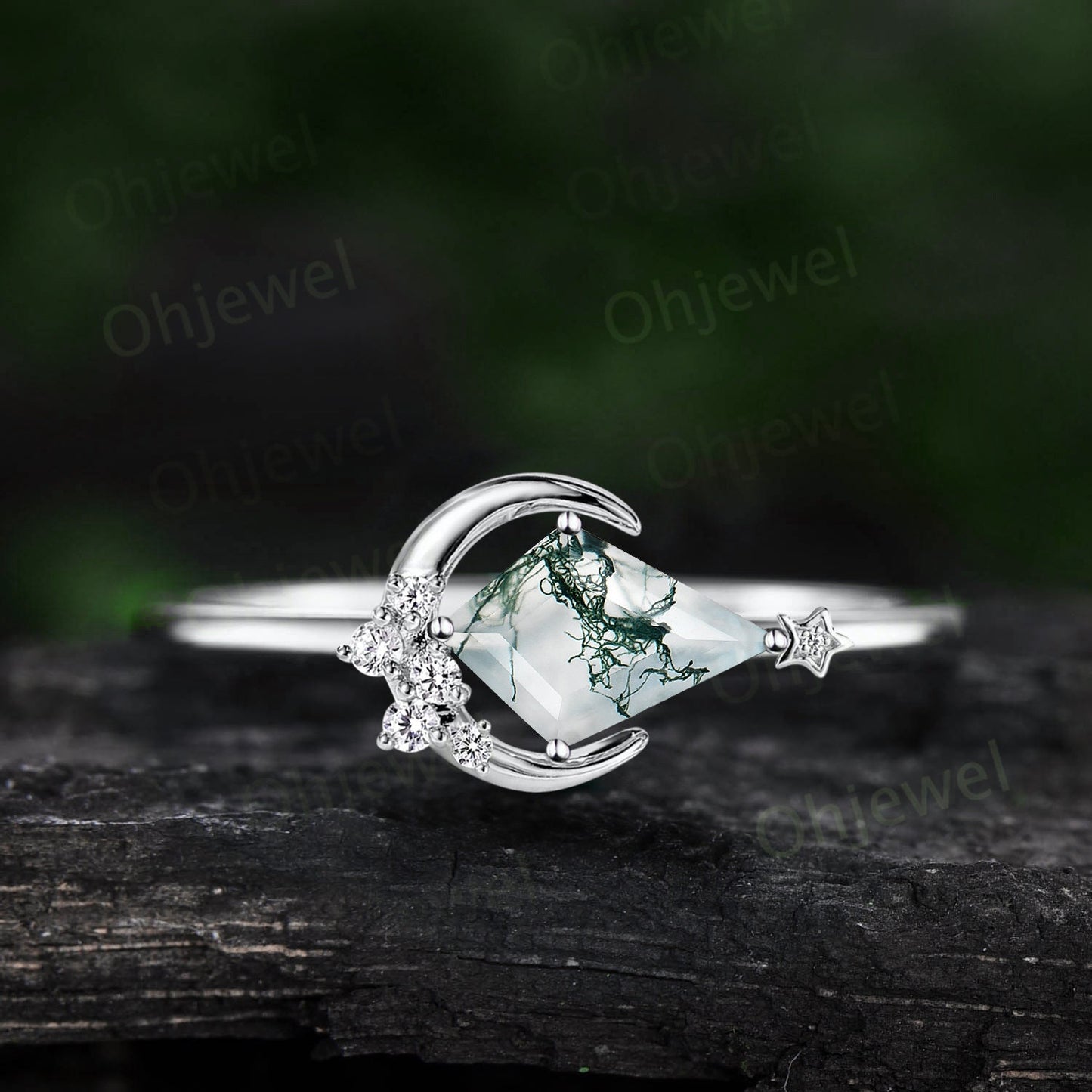 Kite cut moss agate ring vintage cluster diamond ring rose gold east to west moon star engagement ring moissanite unique wedding ring women