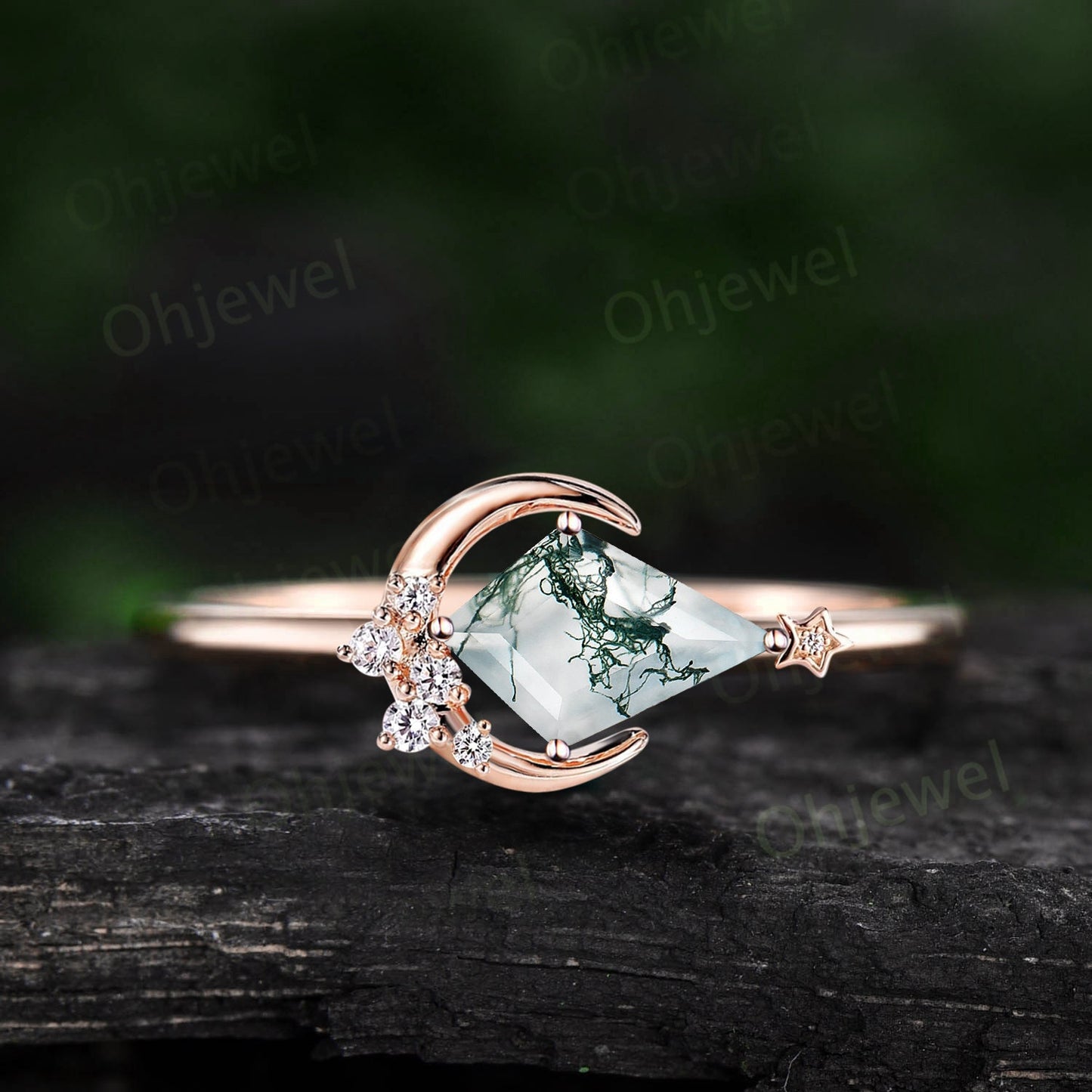 Kite cut moss agate ring vintage cluster diamond ring rose gold east to west moon star engagement ring moissanite unique wedding ring women