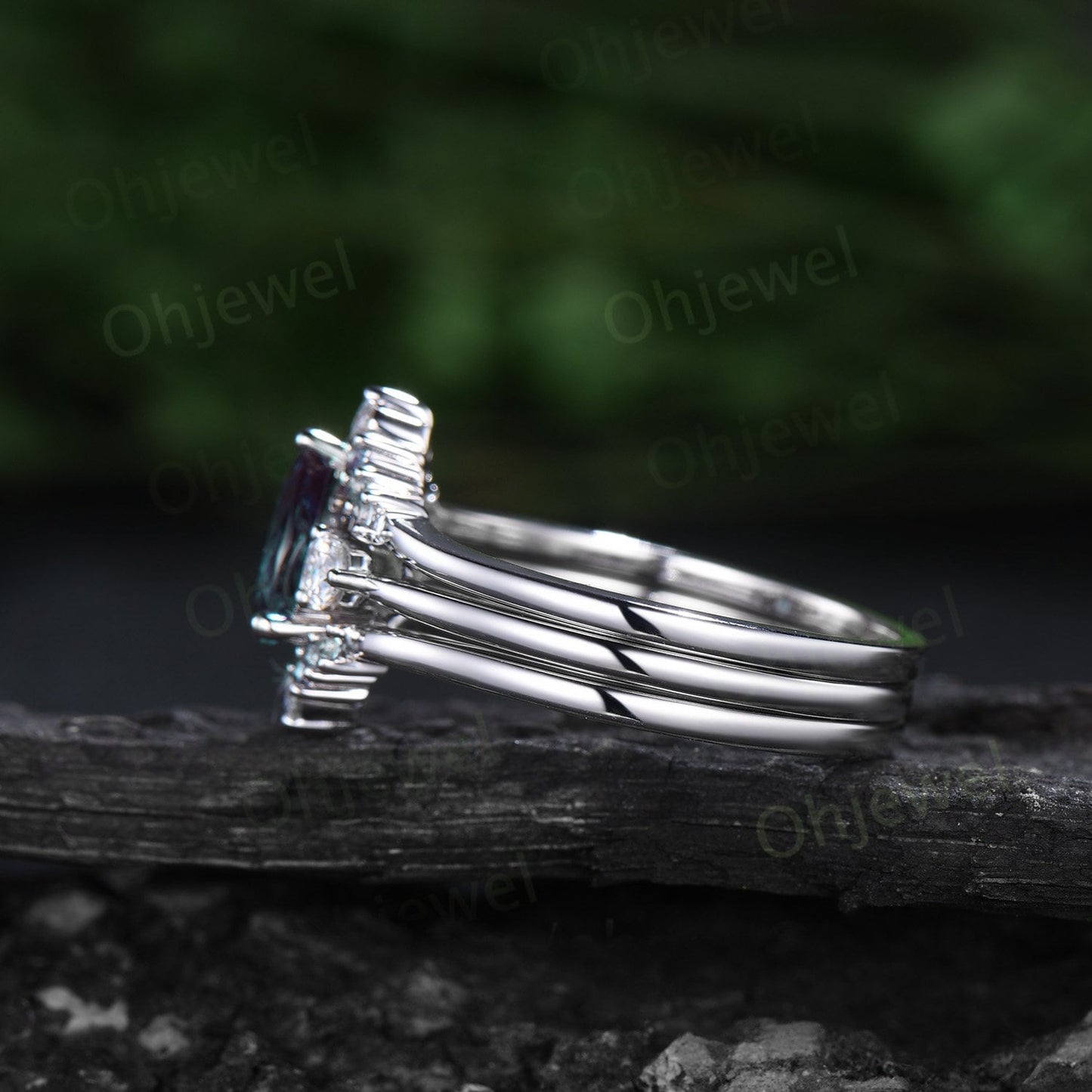 Pear shaped aquamarine engagement ring set three stone moissanite sapphire ring women white gold unique bridal wedding ring set jewelry