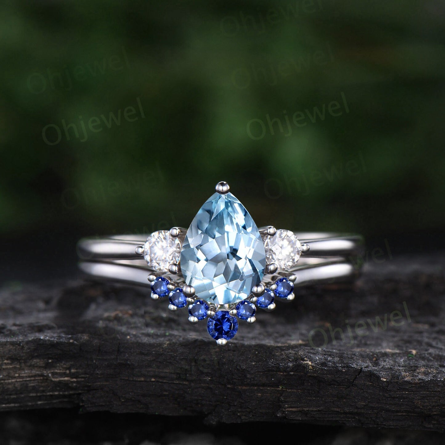 Pear shaped aquamarine engagement ring set three stone moissanite sapphire ring women white gold unique bridal wedding ring set jewelry