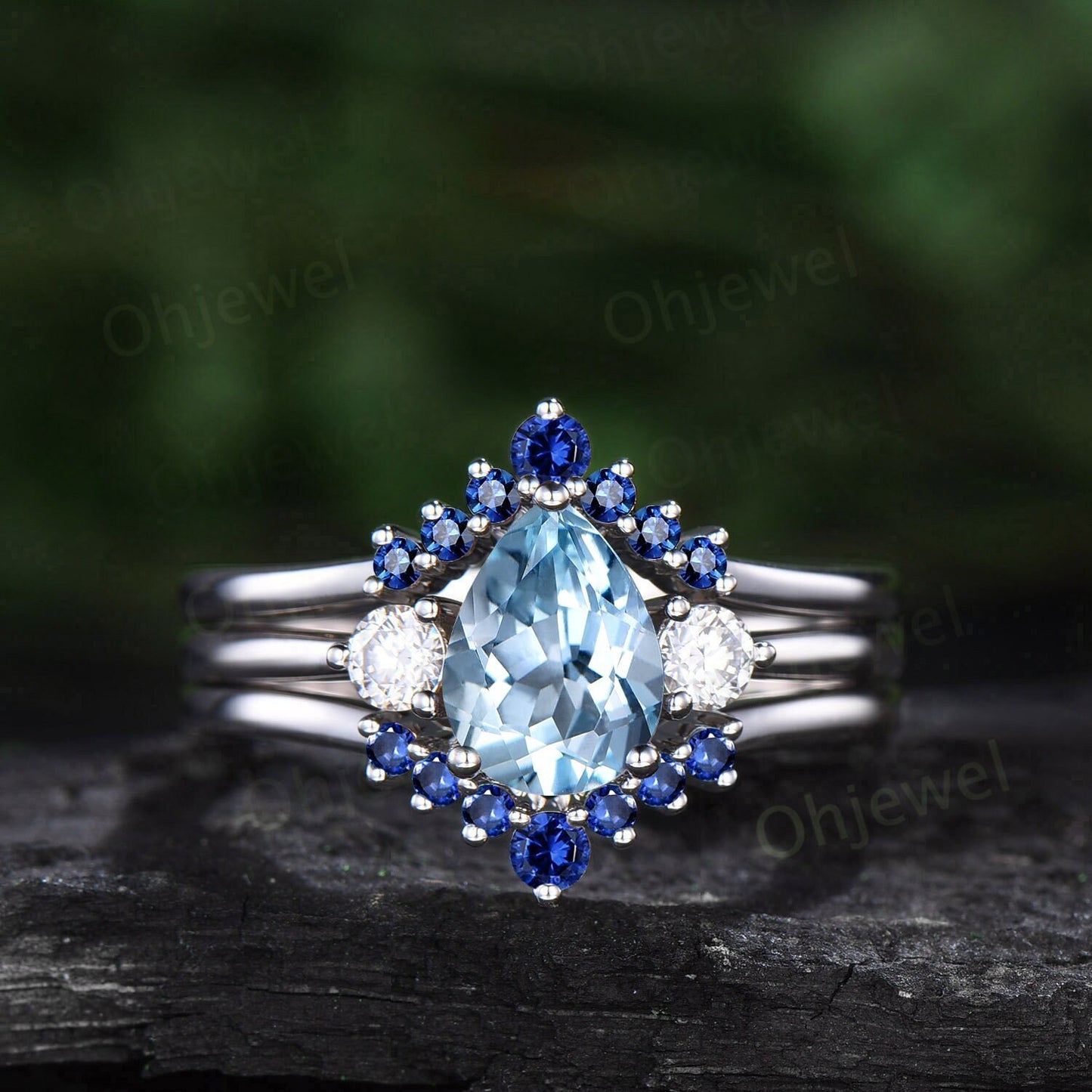 Pear shaped aquamarine engagement ring set three stone moissanite sapphire ring women white gold unique bridal wedding ring set jewelry