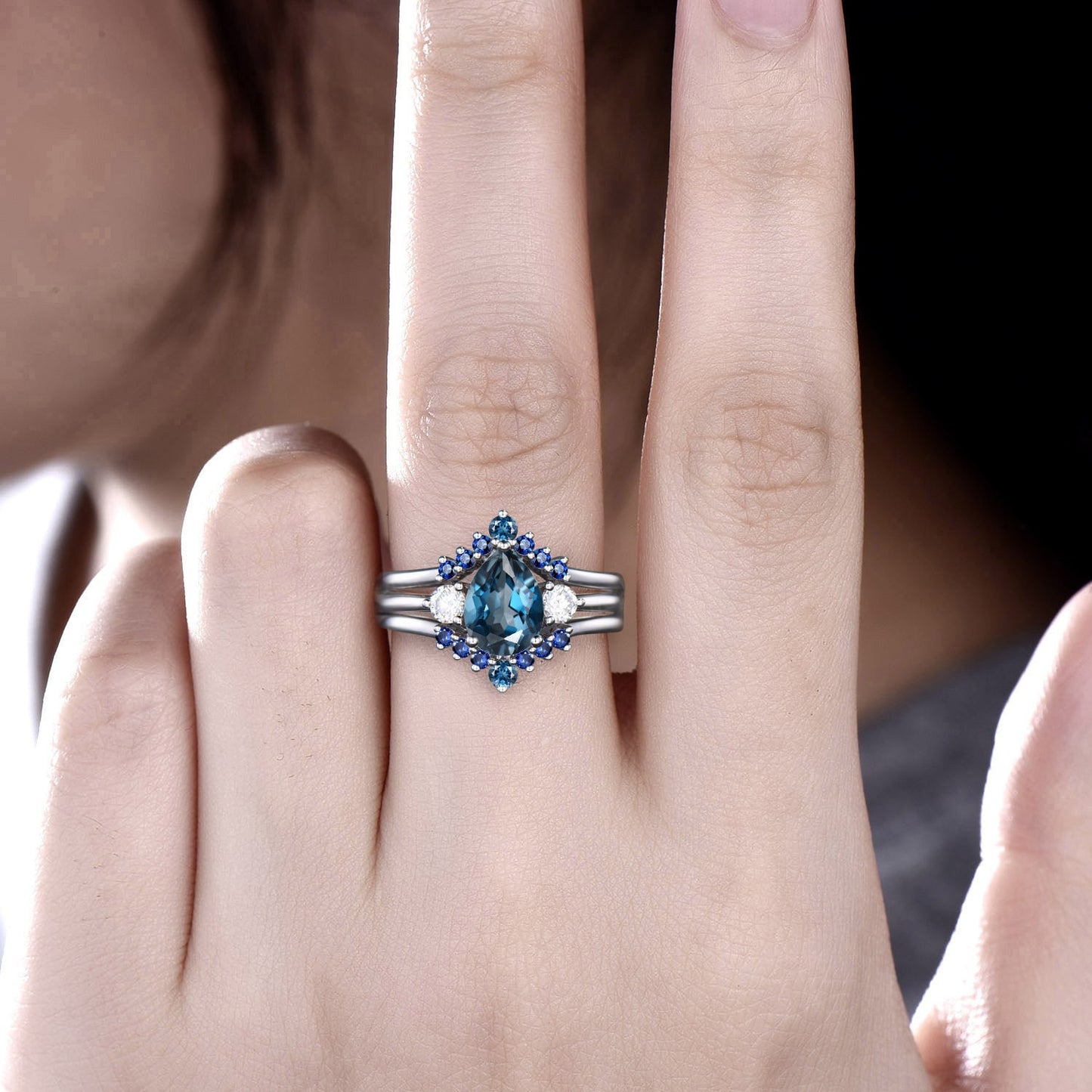 Vintage Pear London blue topaz engagement ring 14k white gold three stone moissanite ring women sapphire bridal promise wedding ring set