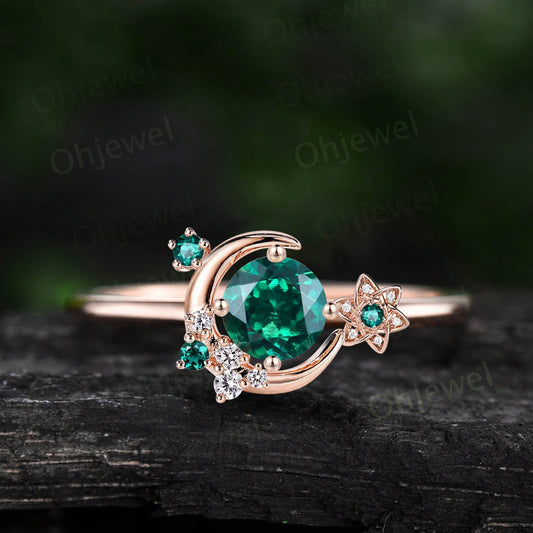 Vintage round green emerald engagement ring solid 14k rose gold cluster moon star diamond ring women flower dainty anniversary ring gift