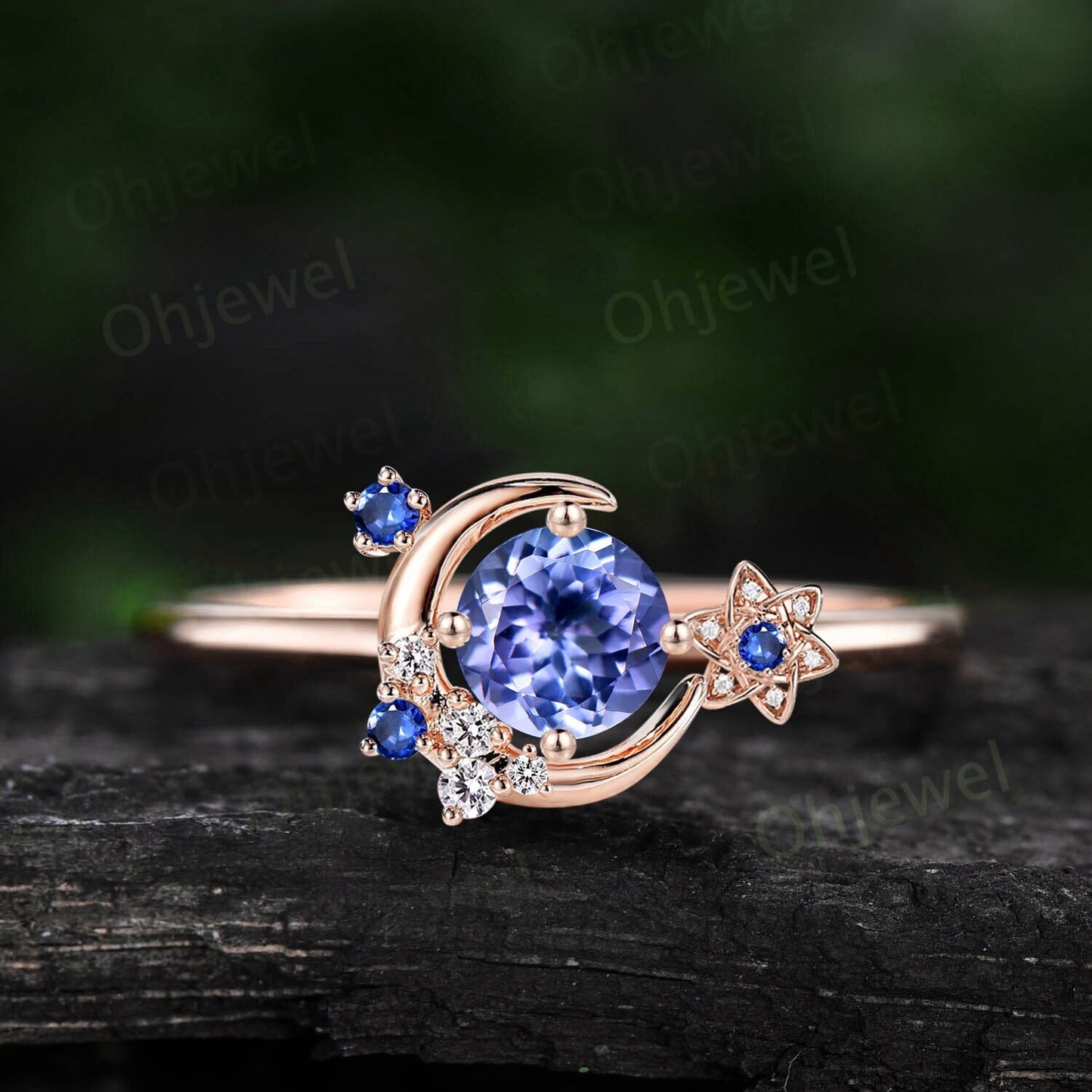 Vintage round Tanzanite engagement ring solid 14k rose gold cluster moon star sapphire ring women flower dainty unique wedding promise ring