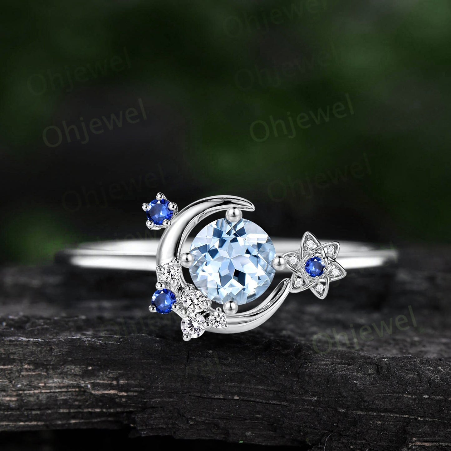 Vintage round Aquamarine engagement ring solid 14k gold cluster moon star sapphire ring women flower dainty unique wedding promise ring gift