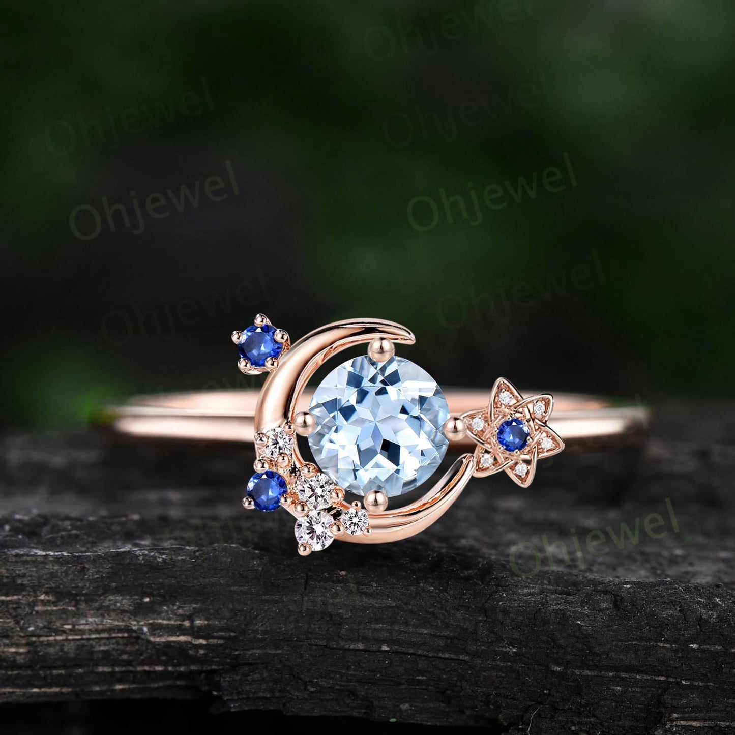 Vintage round Aquamarine engagement ring solid 14k gold cluster moon star sapphire ring women flower dainty unique wedding promise ring gift