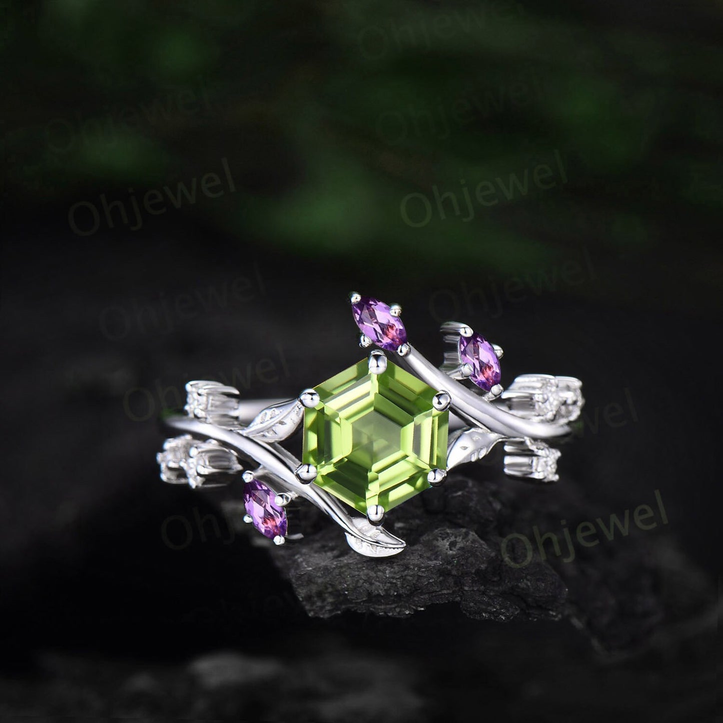 Hexagon peridot ring vintage marquise amethyst ring rose gold leaf nature inspired engagement ring women diamond bridal promise ring her