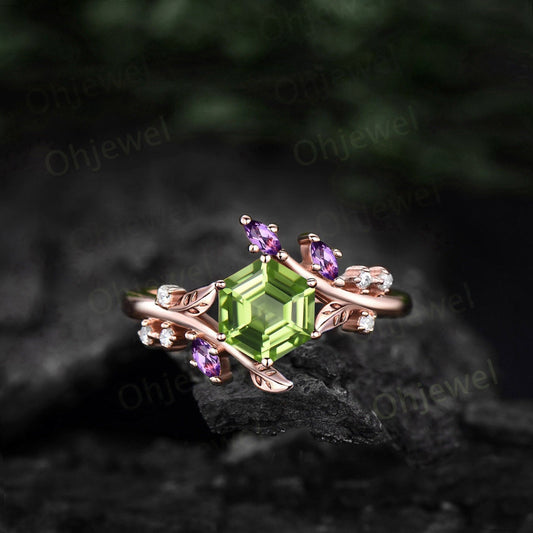Hexagon peridot ring vintage marquise amethyst ring rose gold leaf nature inspired engagement ring women diamond bridal promise ring her