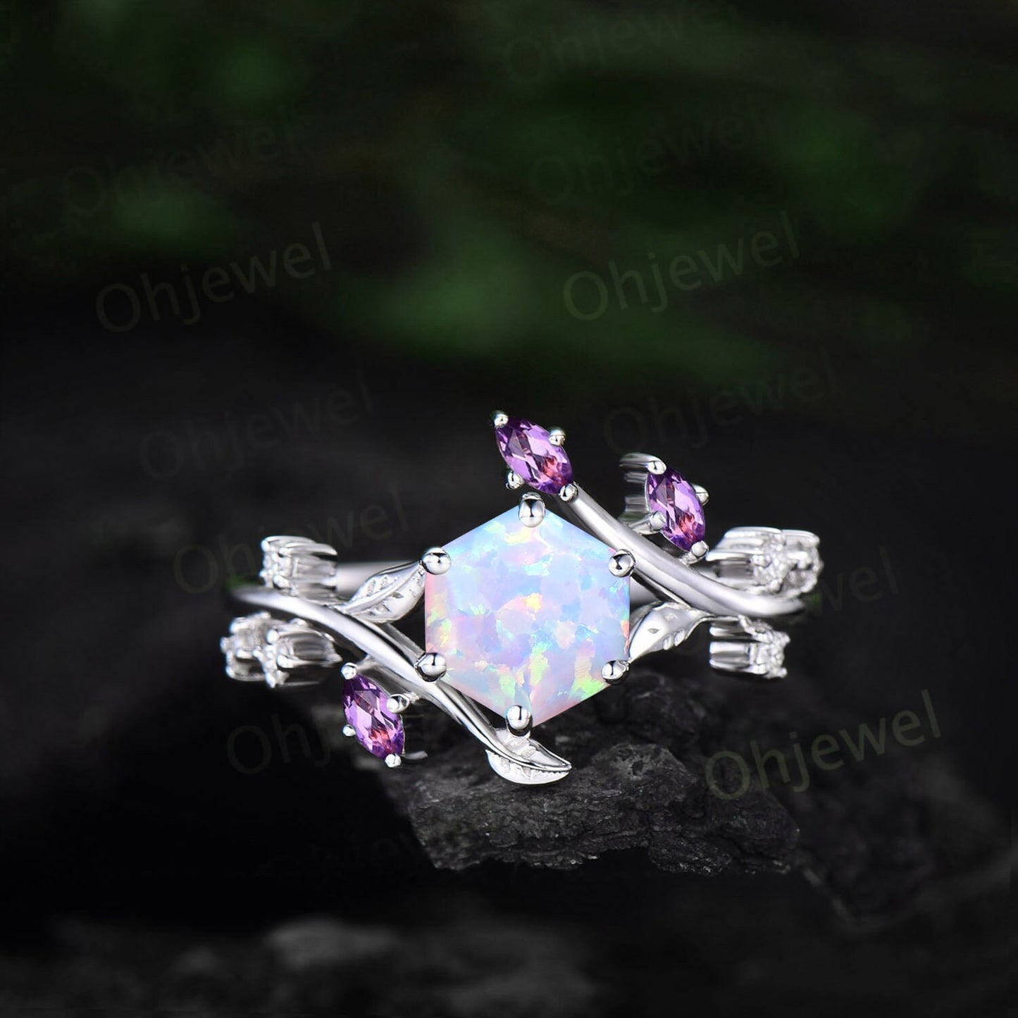 Hexagon white opal ring rose gold art deco amethyst ring leaf unique diamond ring 14k rose gold nature inspired engagement ring women gift