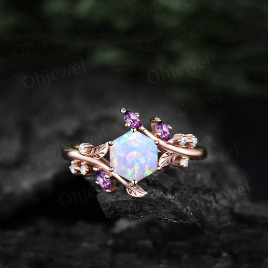 Hexagon white opal ring rose gold art deco amethyst ring leaf unique diamond ring 14k rose gold nature inspired engagement ring women gift